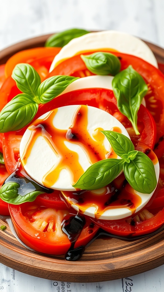 A colorful Caprese salad with tomatoes, mozzarella, and basil drizzled with olive oil and balsamic vinegar.